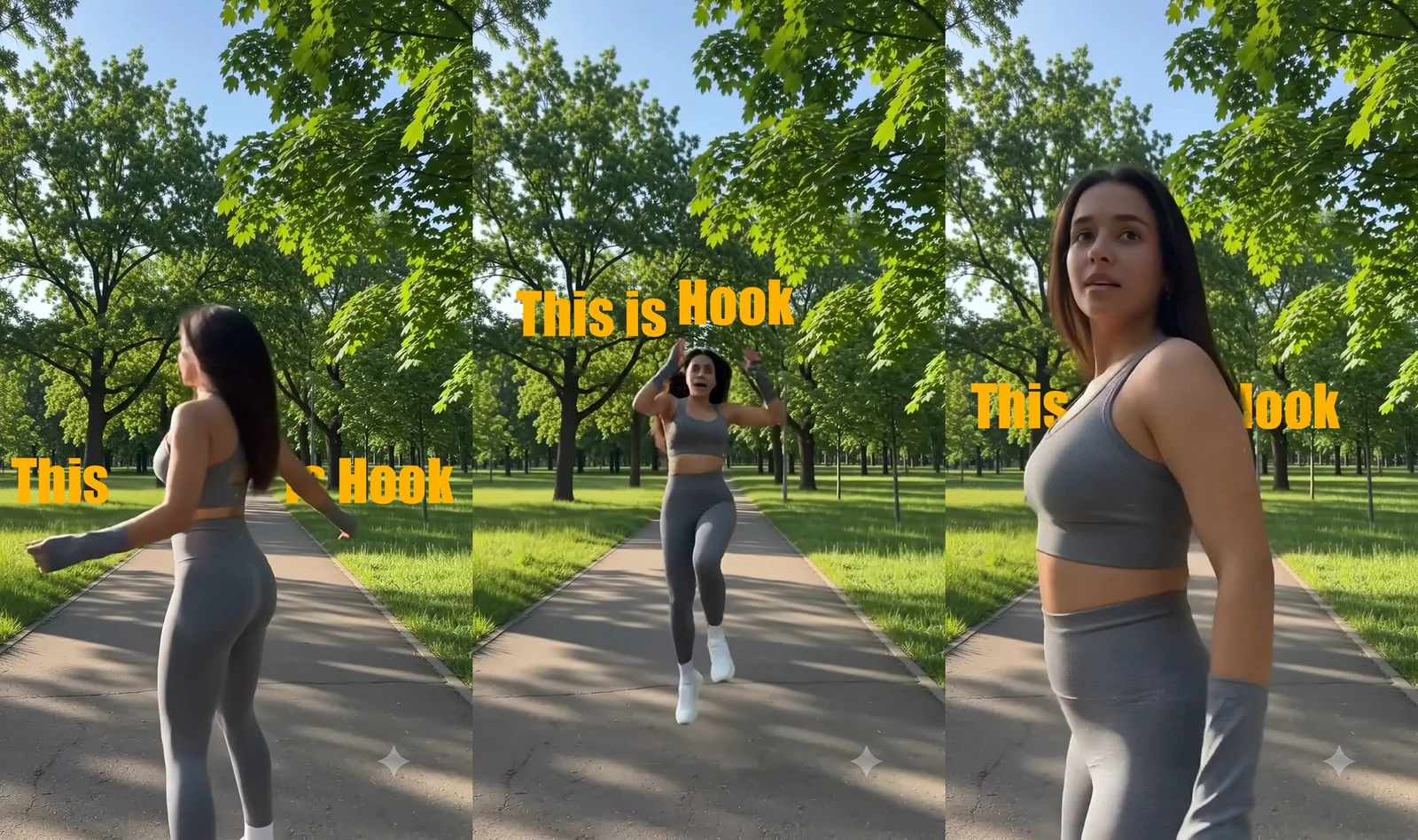 Three frames from my AI rebuild: a woman jogging in a park, interacting with the floating words This is Hook.